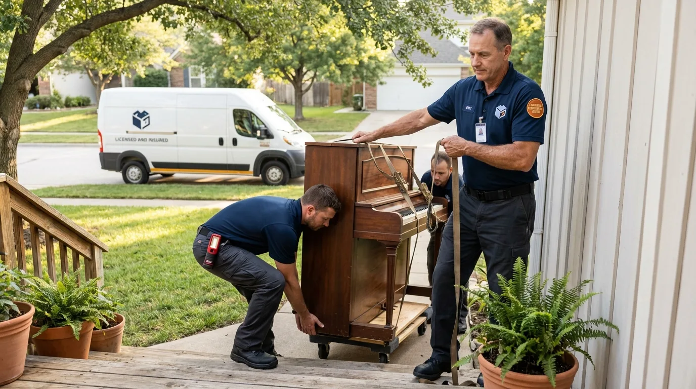 Licensed piano movers securing grand piano in Hubbard, OR