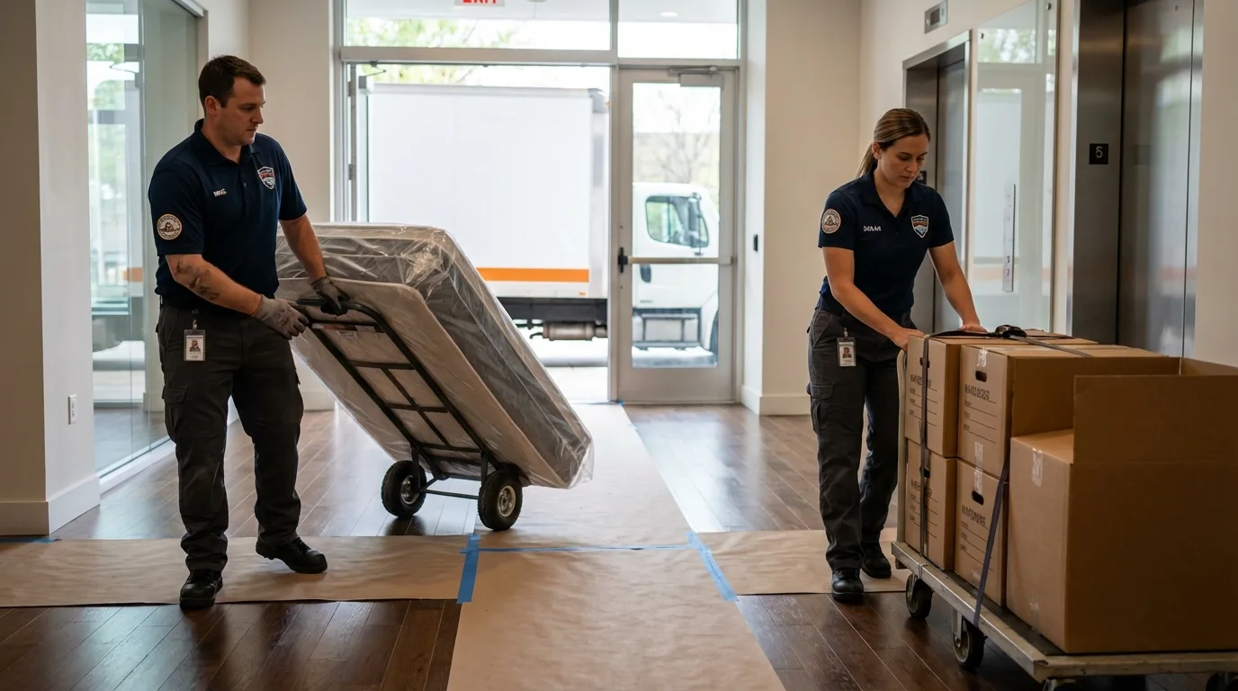 Professional apartment movers loading elevator in Hubbard, OR